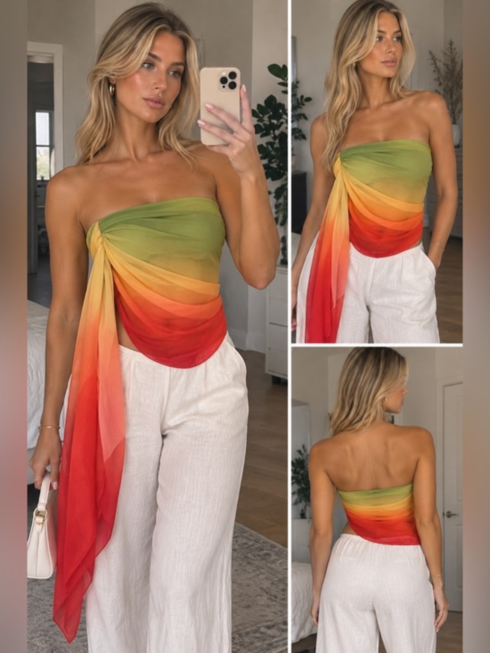 Micas XS Strapless Ombre Scarf Top in Green-Yellow-Orange-Red zz2